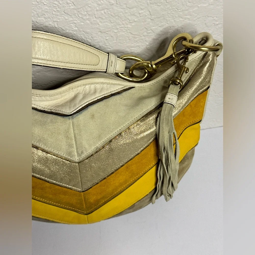 Coach Y2K Chevron Patterned Suede Leather Yellow Gold Cream Hobo Shoulder Bag